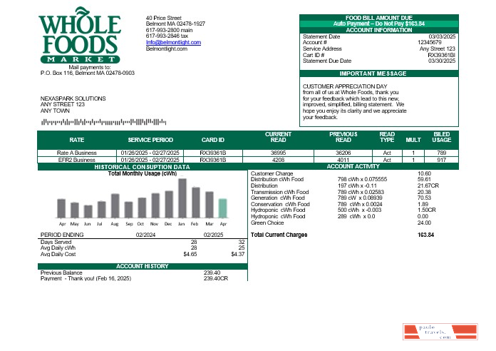 USA Whole Foods Market business utility bill template in Word and PDF formats